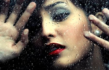 In the Rain - face, red, rain, beauty, beautiful, eyes, sensuality, sexy, makeup, wonderful, woman, fashion