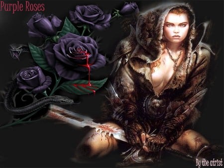 purple roses  - blood, rose, louis royo, red