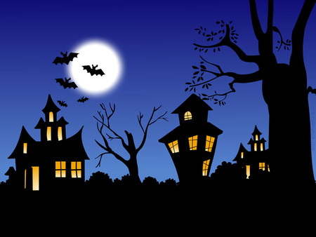 Batty Bats - bats, trees, night, houses, full moon