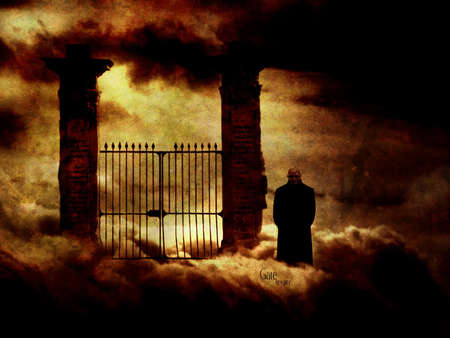 Dark and Creepy - cloaked person, gate, creepy, dark, night, foggy