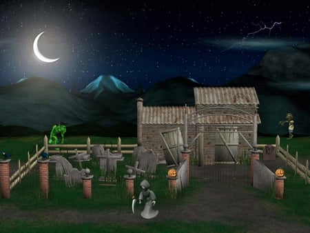 Haunted Halloween - moon, cemetary, ghost, fence, night, zombie, ghoul