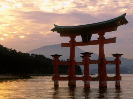 Itsukushima Shrine - shrine, gate, japan, sunset, scenery, old, sea