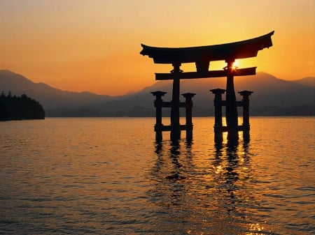 Itsukushima Shrine - gate, japan, sunset, old, sea, torii