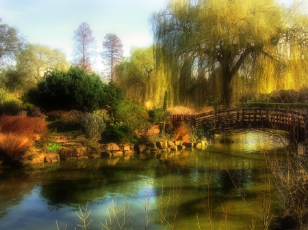 Riverside Nature - trees, water, hdr, bridge, plants