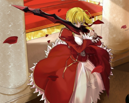 Saber Extra - saber, anime, female, warrior, dress, blonde, blond hair, long hair, fate extra, armor, red, blond, hd, weapon, gown, anime girl, hot, girl, sword, fate zero, petals, saber extra, blade, cute, kight, sexy, fate stay night