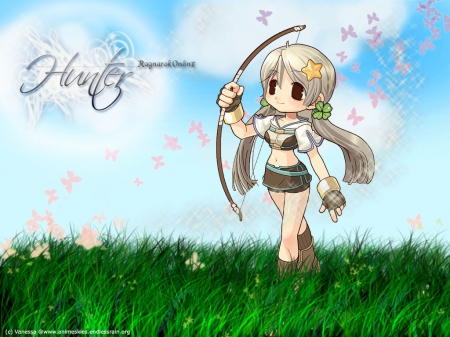 Hunter - anime, kawaii, female, warrior, ragnarok, grass, long hair, arrow and bow, armor, hd, chibi, weapon, field, mmorpg, anime girl, hunter, game, archer, twintails, hot, girl, arrow, ragnarok online, cute, adorable, sexy, bow