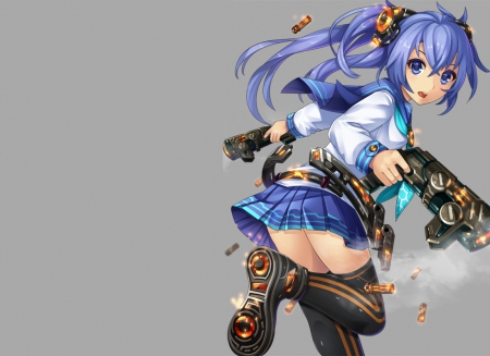 Gun n Bullet - gun, female, hot, simple, anime girl, anime, cute, sexy, skirt, girl, warrior, twintails, long hair, school uniform, blue hair, hd, bullets, plain, weapon, uniform