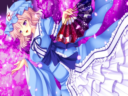 Yuyuko Saigyouji - purple eues, touhou, dark, blue dress, sakura petals, anime, asazuki kanai, cute, short hair, yuyuko saigyouji, girl, pink hair, original, pink, blush, sweet, smile