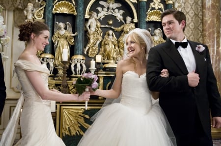 Bride Wars (2009) - black, actress, blonde, brunette, girl, steve howey, bride wars, white, anne hathaway, kate hudson, costume, movie, woman, beauty, church, dress, people, man