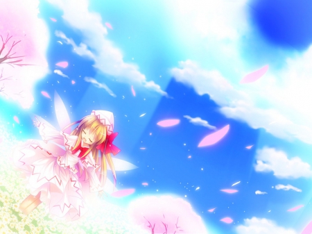 Lily White - girl, natsumikan, lily white, long hair, wings, original, touhou, feild, blonde hair, anime, sweet, flowers, cute