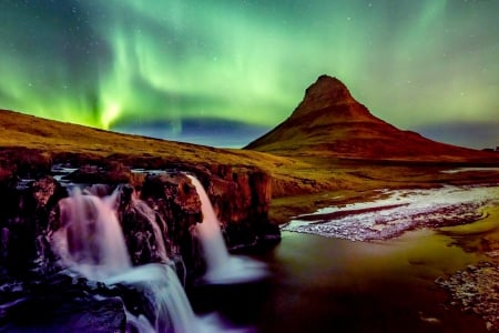 AURORA - aurora borealis, mountain, water, waterfalls, mountains, aurora, waterfall, river, hdr, northern lights