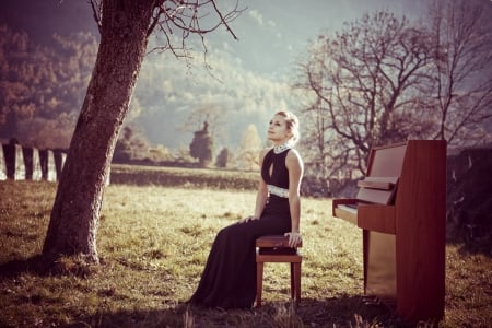 * - piano, pianist, nature, woman, dress