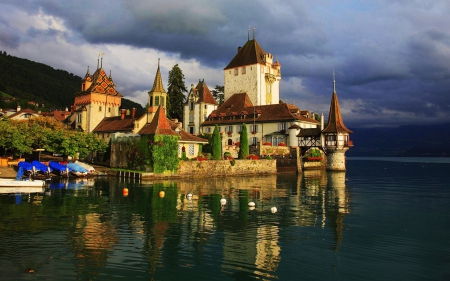 Chillon Castle - reflections, lake, clouds, wallpaper, switzerland