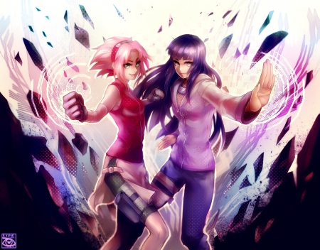 Sakura & Hinata - female, hinata, hyuuga hinata, kunoichi, violet, fight, sakura, haruno sakura, naruto, pink, anime, ninja, strong