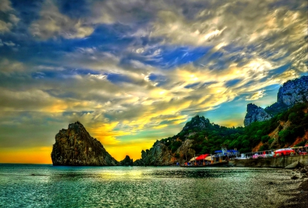 Sunset - clouds, trees, cove, water, landscape, colors, ocean, HDR, sky, rocks