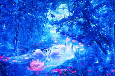 ★Delights of Swans★ - lilies, blue, rivers, creative pre-made, grass, flowers, swans, forests, beloved valentines, plants, couples, blue dreams, lotus, trees, cuteness, waterscapes, softness beauty, beautiful, backgrounds, colors, lovely, cool, exterior, resources, nature, stock images, love four seasons, rocks, animals