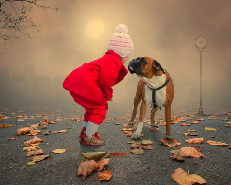 Best friend - dog, leaves, child, road, cute