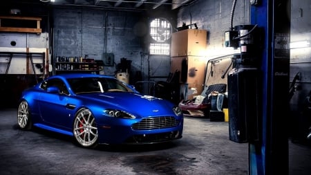 aston martin v8 vantage adv1 in a garage - shiny, dingy, car, blue, garage