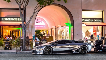 shiny chrome lamborghini parked on the street - street, restaurant, chrome, car, shiny