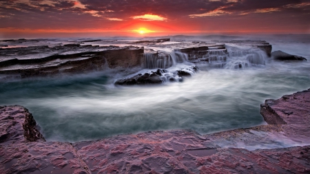 fantastic rocky shore at sunset - clouds, sunset, shore, sea, waves, rocks