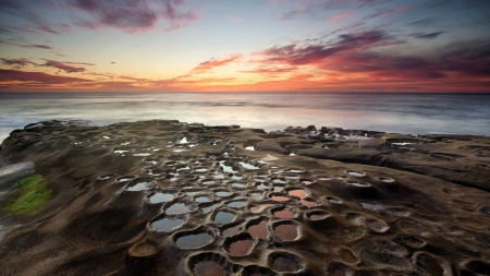 amazing rocky seashore - clouds, cups, rocky, shore, sunset, sea