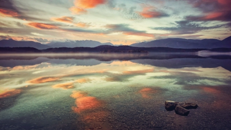 splendid sky reflection - sky, lake, reflection, clouds, mountains, stones, mist