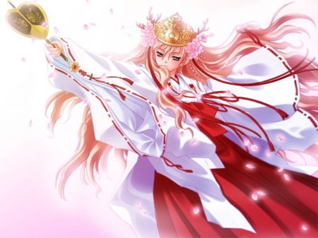 High Priest - anime, tiara, female, warrior, crown, green eyes, long hair, robe, armor, priest, red, pink hair, anime girl, royalty, hot, staff, girl, fan, petals, white, cute, sexy