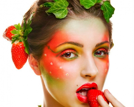 Miss Fruity - woman, face, strawberries, fruits, bite, makeup