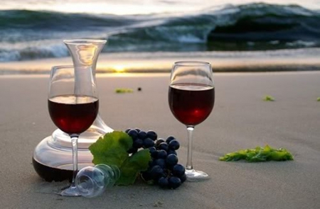 ♥ - landscape, sea, red wine, sand, cup