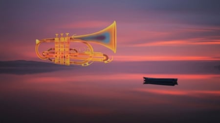 Art - trumpet, lake, sunset, boat