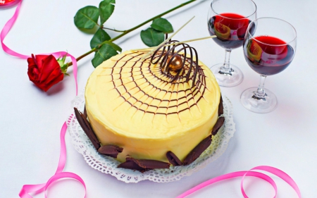 Cake - sweets, cake, wineglass, desserts, ribbons, food, rose