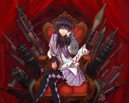 Deathly Weapon - akemi, anime, anime girl, akemi homura, female, gun, hot, girl, chair, curtain, throne, magical girl, cute, weapon, sexy