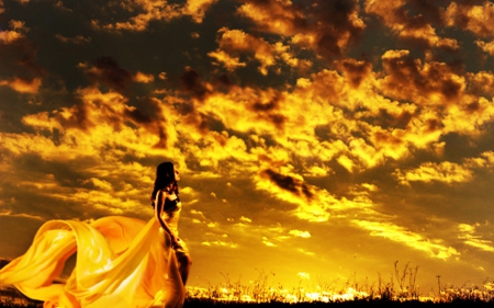 Girl and Golden Sunset - sunset, yellow, woman, beautiful, serene, girl, sky, wallpaper