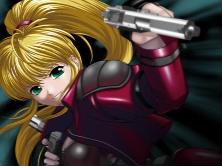 Cal Devens - gun, female, hot, animee girl, blond, blond hair, blonde hair, pistol, anime, pointing, phantom, point, cute, blode, sexy, girl, warrior, long hair, hd, green eyes, weapon