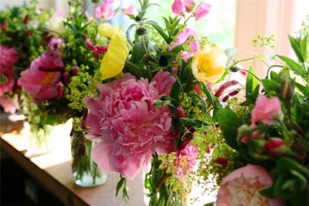 Colorful flowers - pink, joy, beauty, flowers, spring, window, vases, still life, sun, peonies, light, yelow, nature, colors