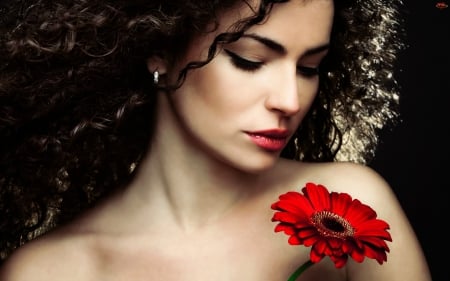 BRUNETTE with GERBERA - fflower, red, girl, brunette, gerbera