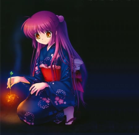 FireWorks - female, hot, animee girl, darkness, fire, black, sparks, dark, anime, kimono, cute, fireworks, yellow eyes, sexy, girl, long hair, pink hair, hd, glow, yukata