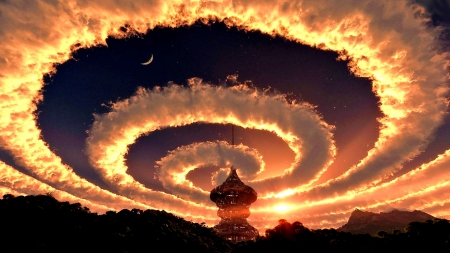 SPIRAL CLOUDS - moon, cresent, clouds, structure, spiral