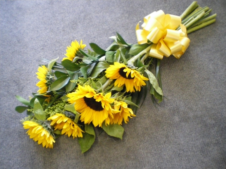 A bouquet of SunShine - sunflowers, yellow, forever, fashion, entertainment, select, love, bouquet, ribbon, floral, bow