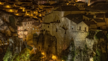 fantastic castle in a cliff above a city - castle, cliff, night, city, lights