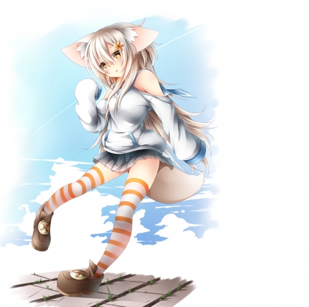 Neko Chan - tail, nekomimi, simple, cute, plain, neko, hot, anime, anime girl, girl, hd, white, ears, neko mimi, sexy, female