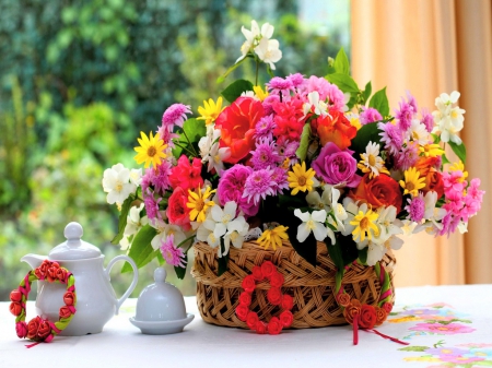 Window dressing - sill, windows, colors, basket, flowers