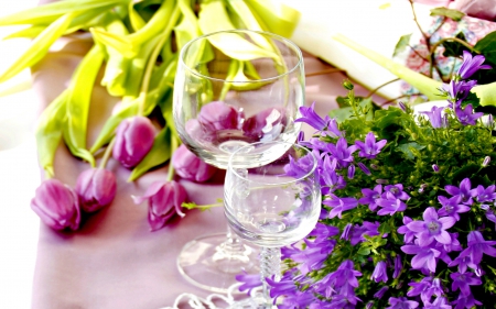 EMPTY GLASSES - flowers, purple, glasses, tulips