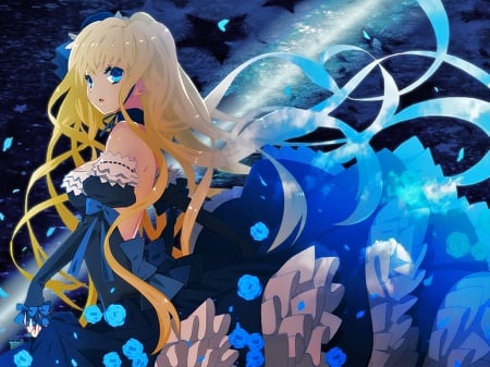 Blue Princess Rose - anime, blue, girl, rose, princess