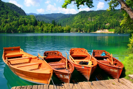 Boats in lake Bled - pretty, calm, quiet, Slovenia, tranquil, crystal, shore, view, waters, lake, nice, emerald, sky, trees, beautiful, lovely, dock, pier, lakeshore, boats, green, clear, serenity, greenry, Bled