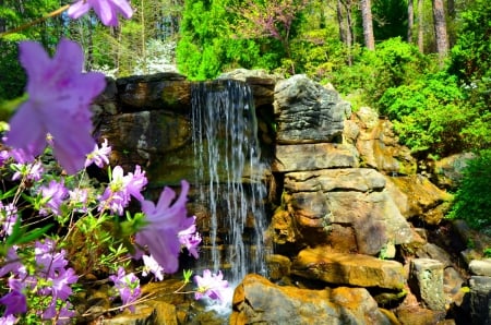 Rocks waterfall - nice, freshness, trees, paradise, water, greenery, waterfall, spring, rocks, fall, pretty, fresh, falling, summer, place, lovely, nature, forest, beautiful, stones, flowers