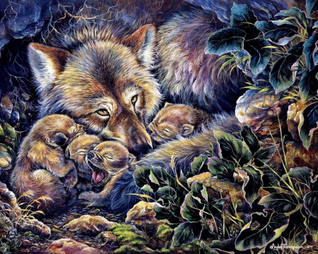 Wolf Family - pups, predator, lovely, artwork