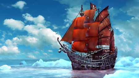 Pirates - red, ship, flag, sails, ice