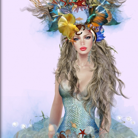 Fish In Her Hair - fantasy, mermaid, fish, woman