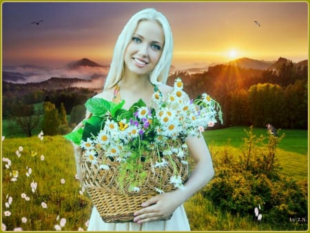 Girl with a basket  with  flowers - flowers, girl, basket, sunrise